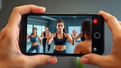 A smartphone displaying a virtual workout session with a fitness coach leading a group of diverse participants, showcasing inclusivity and motivation in a virtual fitness environment.