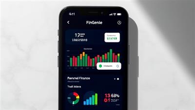 A smartphone screen displaying the FinGenie app interface, showing colorful graphs of personal finance data, a chatbot feature for interacting with the AI assistant, and a sleek design that appeals to young professionals.
