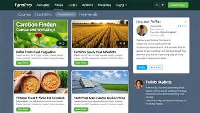 An online learning platform interface displaying a selection of agricultural courses and workshops, with engaging course descriptions, instructor profiles, and testimonials from satisfied students, conveying a sense of educational excellence and industry expertise offered by FarmPro Learning.
