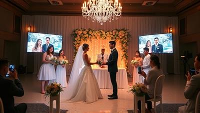 An imaginative scene of a virtual wedding ceremony coordinated by EventVirtuoso, featuring a bride and groom exchanging vows via a live stream, with guests attending from different locations, virtual decorations, and interactive entertainment elements, creating a magical and inclusive virtual event experience.