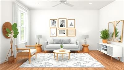 An online interior design consultation setup featuring a virtual room layout with design samples, furniture options, and color palettes, surrounded by creative decor elements and inspirational mood boards, showcasing the transformative power of virtual design expertise.