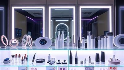 A chic beauty tech accessories rental display featuring a variety of high-tech beauty gadgets elegantly showcased on sleek shelves, with a backdrop of glowing LED mirrors and futuristic skincare devices, creating a luxurious and tech-savvy beauty experience.