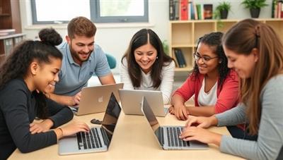 A diverse group of individuals of different ages and backgrounds engaging in a tech tutoring session, with a friendly instructor guiding them through hands-on tech exercises on laptops and tablets, fostering a supportive and inclusive learning environment at TechWise Learning.