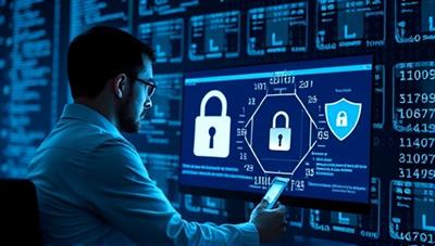 A cybersecurity expert reviewing security protocols on a computer screen, with digital lock icons and shield symbols representing data protection, surrounded by a backdrop of binary code and security algorithms, illustrating a secure and vigilant online environment protected from cyber threats.