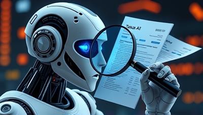An AI-powered robot with a magnifying glass analyzing tax forms and documents, showcasing the efficiency and accuracy of the TaxAI software in tax compliance tasks, setting a futuristic and tech-savvy tone.