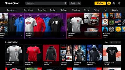 An online gaming merchandise marketplace interface featuring a diverse range of gaming products, from apparel and accessories to collectibles and limited edition items, with vibrant graphics and user-friendly navigation, highlighting the variety and excitement of GamerGear Hub's offerings.