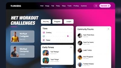 A digital fitness platform interface displaying workout challenges, progress tracking tools, community forums, and motivational quotes, creating a dynamic and interactive virtual fitness environment that inspires users to achieve their wellness goals.