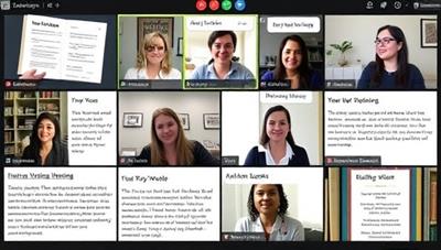 An online writing accountability group session in progress, featuring a diverse group of writers sharing their progress, goals, and insights, with a facilitator providing guidance and encouragement, fostering a sense of camaraderie and motivation in the writing process.