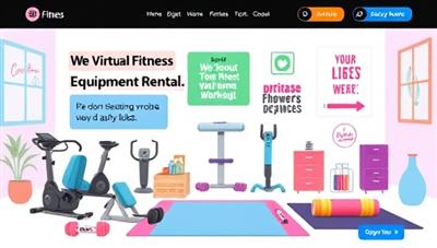 A vibrant digital illustration of a virtual fitness equipment rental platform, showcasing a diverse selection of workout machines, weights, and yoga mats available for temporary use, with a backdrop of home workout spaces and motivational fitness quotes, inspiring users to elevate their home exercise routines.