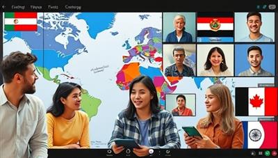 An international language exchange scene on the platform, featuring users from different countries engaging in language sessions via video calls, interactive language exercises, and virtual cultural immersion experiences, creating a diverse and inclusive language learning community.