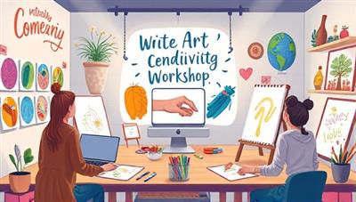 An artistic digital illustration featuring a virtual art studio scene with participants engaging in a live creativity workshop, surrounded by colorful paintings, drawing tools, and inspirational quotes, capturing the essence of artistic expression and collaboration in a digital space.