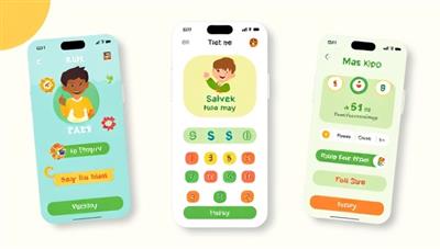 An interactive app interface mockup featuring colorful designs, cartoon characters, and engaging financial games for kids to learn about money management, savings, and budgeting in a fun and educational way, sparking curiosity and enthusiasm.