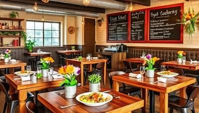 A charming urban restaurant setting with rustic wooden tables, fresh flower centerpieces, vibrant dishes bursting with colorful local produce, and a chalkboard menu highlighting farm-to-table specialties, creating a warm and inviting atmosphere that embodies the essence of Harvest Urban Eatery's sustainable dining experience.