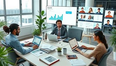 An office scene with a virtual payroll team processing payroll remotely on laptops and tablets, surrounded by digital payroll reports and employee profiles, symbolizing efficient and accurate payroll processing services from anywhere.