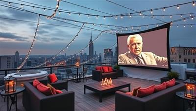 An enchanting rooftop cinema setup with twinkling lights, cozy seating arrangements, and a large screen displaying a classic film against the backdrop of a bustling cityscape, capturing the allure and romance of outdoor movie magic.