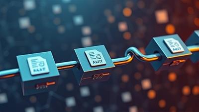 An artistic representation of interconnected blockchain blocks forming a chain, with financial audit reports and digital seals on each block, symbolizing the secure and transparent verification process of financial audits through blockchain technology.