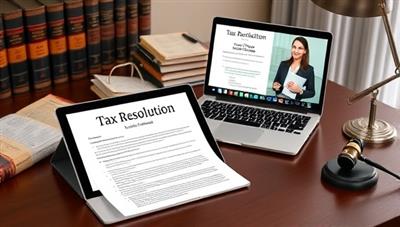 A professional workspace with a desk featuring legal books on tax laws, a laptop displaying tax resolution documents, and a phone for client consultations, creating a focused and authoritative environment for resolving tax issues.