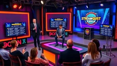 An energetic live streaming studio setup with colorful lights, interactive screens displaying trivia questions, and enthusiastic hosts engaging with both on-screen participants and virtual audience members, capturing the excitement and interactivity of StreamQuest Trivia game shows.