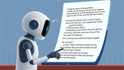 An illustration of a virtual assistant AI character correcting grammar errors and suggesting style improvements on a digital document, showcasing the tool's intuitive and helpful nature in enhancing written content.