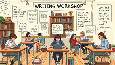 An artistic illustration of a virtual writing workshop with participants from around the world, each seated at a digital desk with a typewriter or laptop, surrounded by inspirational quotes, bookshelves, and creative writing prompts, fostering a collaborative and imaginative writing environment.
