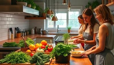 An inviting kitchen setting with fresh vegetables and herbs from local farms, a chef preparing a farm-to-table dish, and participants engaging in a hands-on cooking experience, exuding warmth and culinary creativity.