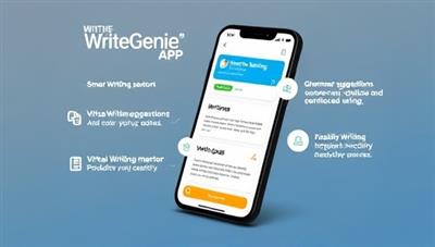 An engaging visual of a smart writing assistant app interface on a mobile device screen, showcasing features like grammar suggestions, readability scores, and writing goals, with a virtual writing mentor guiding the user through writing improvements and productivity enhancements, symbolizing creativity, innovation, and personalized support in the WriteGenie App experience.