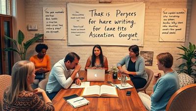 An imaginative virtual writing workshop setting with a diverse group of participants sharing ideas and feedback on their works, accompanied by creative writing prompts and inspirational quotes, fostering a collaborative and inspirational writing environment.