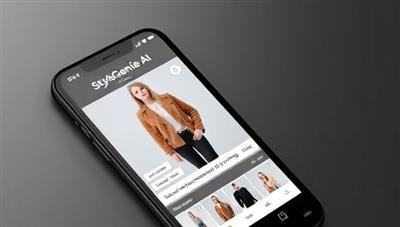 An image of a smartphone screen displaying the StyleGenie AI app interface with virtual outfit recommendations, personalized styling tips, and a virtual try-on feature, illustrating the convenience and innovative fashion solutions offered by the app to fashion-forward users.