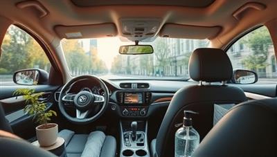 A serene car interior with natural air purifiers, soothing essential oil diffusers, and eco-friendly cleaning products, creating a tranquil and wellness-focused driving environment that promotes relaxation and health.