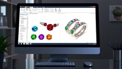 An artistic rendering of a computer screen displaying a 3D jewelry design software interface, with colorful gemstone variations and intricate details, highlighting the customization aspect of the business.