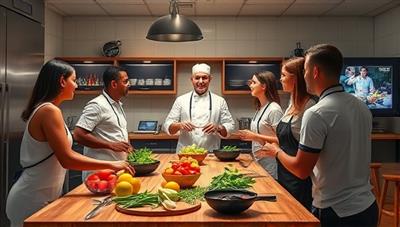 An artistic representation of a virtual kitchen setup with a professional chef guiding a group of participants through a virtual cooking class, featuring fresh ingredients, cooking utensils, and digital screens displaying cooking instructions, fostering an interactive and immersive culinary experience.