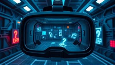 A virtual reality headset displaying an intricate puzzle room with digital clues and objects floating in a futuristic environment, capturing the essence of the immersive VR Escape Quest experience.