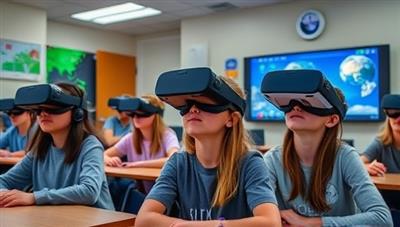 A classroom setting with students wearing VR headsets, exploring a virtual world filled with interactive educational content, showcasing the immersive and engaging nature of VR learning experiences.