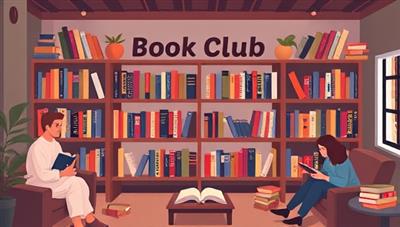 An online book club platform featuring a virtual bookshelf filled with investment titles, discussion forums, and an interactive reading tracker, surrounded by cozy reading nooks and book enthusiasts engaged in lively conversations, evoking a sense of intellectual curiosity and community bonding.