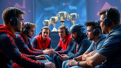 A digital artwork featuring a group of diverse amateur gamers receiving coaching and guidance from industry professionals, with gaming equipment and trophies in the background, symbolizing mentorship and growth in the eSports world.