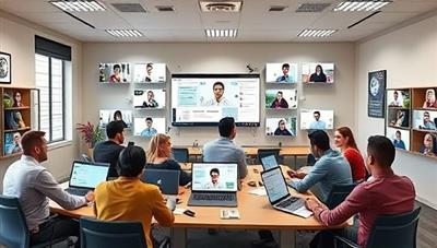 An engaging visual representation of a virtual classroom environment, with diverse learners participating in interactive online courses and skill development sessions, highlighting the collaborative and dynamic learning experience offered by SkillSphere.