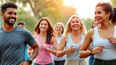 An engaging image of a diverse group of people exercising together outdoors, wearing fitness trackers and smiling, symbolizing a healthy lifestyle and community support in wellness-driven insurance.