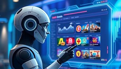 An AI-powered virtual assistant character analyzing gaming data and suggesting personalized game recommendations to a user on a futuristic digital screen, illustrating the cutting-edge technology behind the platform and the tailored user experience.