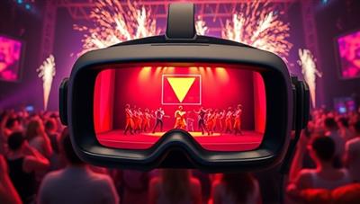 An immersive VR headset displaying a vibrant virtual concert stage with animated avatars of attendees dancing and enjoying the music, surrounded by virtual fireworks and light effects, capturing the excitement and energy of a live music event.