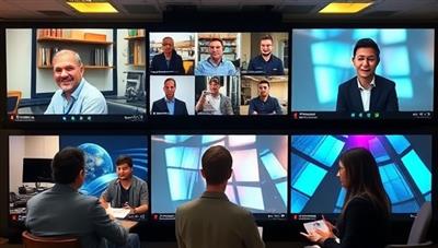 A virtual networking event setup showcasing professionals engaging in discussions and networking activities through video conferencing, with interactive chat features, virtual business card exchanges, and themed virtual backgrounds, creating a dynamic and immersive networking experience.