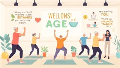 An uplifting digital illustration of a virtual fitness session for seniors with participants engaging in gentle exercises, stretching routines, and strength training activities, surrounded by motivational quotes and wellness symbols, conveying a sense of vitality and active aging.
