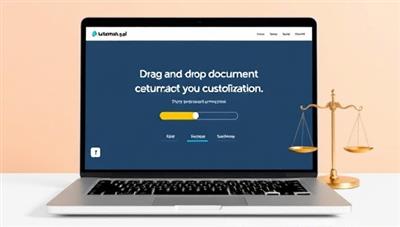 An image of a laptop screen displaying the AutomateLegal platform interface with drag-and-drop document customization features, a progress bar indicating the document completion, and legal icons like a gavel and scales, showcasing the platform's efficiency and user-friendly design.