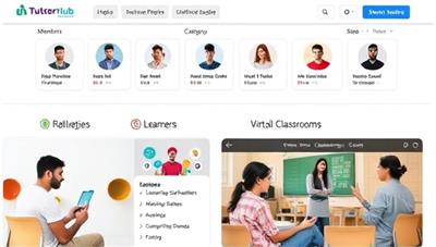 An interactive online tutoring portal featuring diverse skill categories, mentor profiles, and virtual classrooms for specialized learning sessions, with learners engaging in skill development activities and mentors providing guidance and expertise, showcasing the dynamic and inclusive nature of SkillMentor Hub's online tutoring marketplace.