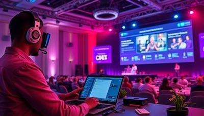 An immersive image of a virtual event planner coordinating a virtual conference setup, with a digital interface displaying attendee engagement metrics, speaker schedules, and interactive features, creating a vibrant and dynamic virtual event atmosphere that captivates viewers and participants.