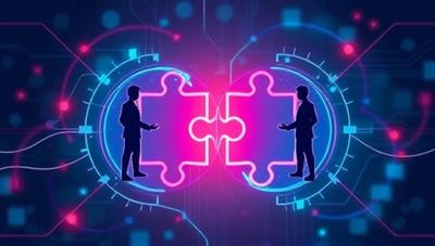 An engaging digital illustration showing a seamless connection between job seekers and employers through futuristic AI technology, symbolized by intertwined puzzle pieces representing perfect matches.