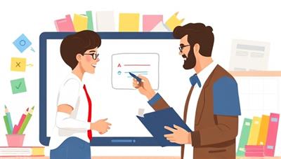 An engaging digital illustration of a student and a tutor interacting through a virtual whiteboard, with colorful educational materials in the background, symbolizing a dynamic and interactive learning environment.