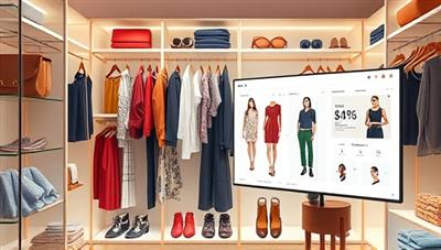 An artistic representation of a digital closet filled with virtual clothing items and accessories, with an AI-powered assistant displaying outfit suggestions on a screen, illustrating a seamless and personalized shopping experience.