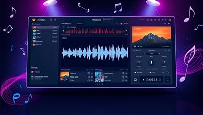 An artistic rendering of a digital interface with a sleek design, showcasing various music tracks, mixing tools, and sound effects, surrounded by creative elements like musical notes and waveforms, illustrating the platform's versatility and user-friendly interface.