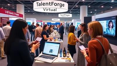 A virtual career fair setting with job seekers and recruiters interacting in a virtual environment, attending virtual booths, participating in video interviews, and exchanging digital business cards, depicting a modern and engaging recruitment experience on TalentForge Virtual.