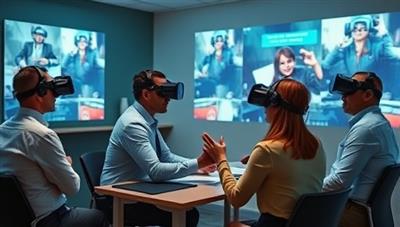 An office setting with professionals wearing VR headsets, interacting with virtual advertising content projected around them, demonstrating the innovative and immersive nature of VRadConsult's services.